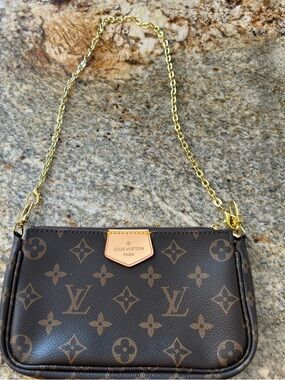 New Brown Monogram Clutch Bag Pochette Purse with Chain